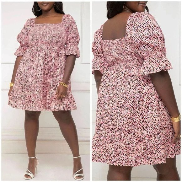 ELOQUII Elements Smocked Bodice Dress Pink Puff Sleeves Size‎ 16 Square Neckline - Picture 1 of 10
